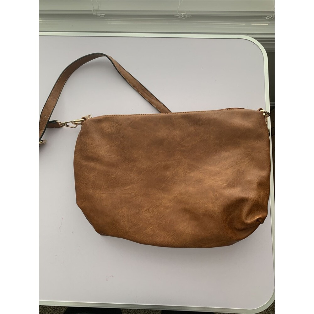 Women’s Camel Brown Faux Leather Messenger Bag Purse EUC